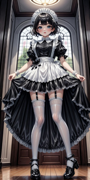 Collared Satin Maid Dress with Ribboned Lace Apron - V1